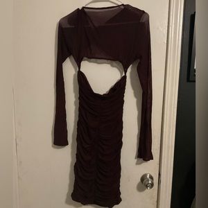 HTZMO Women's Long Sleeve Cut Out Mini Sheer Mesh Ruched Bodycon Party Dresses